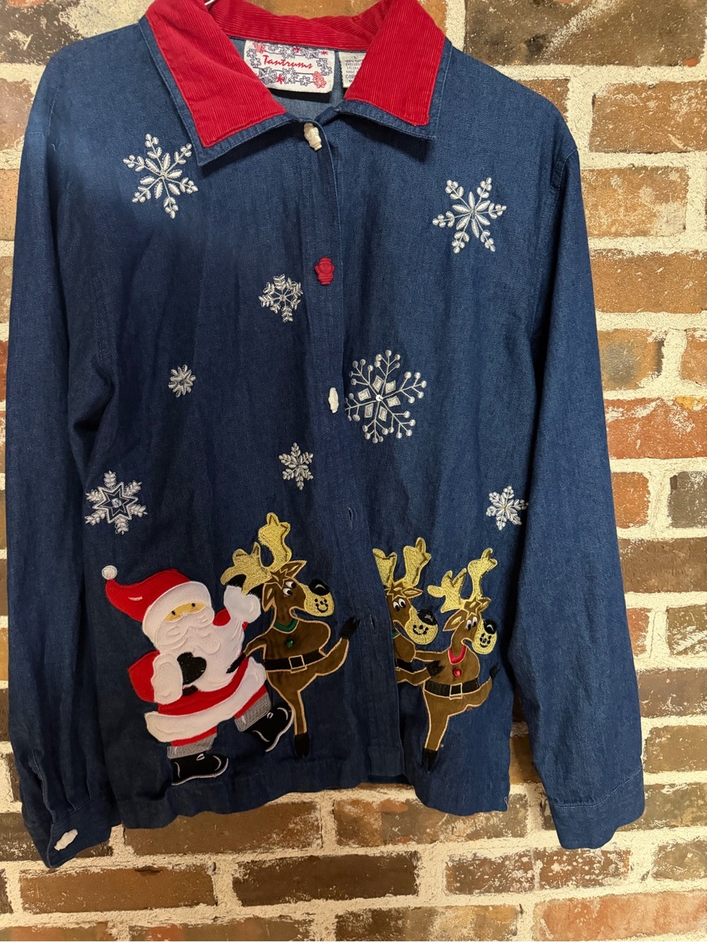 Tantrums Navy Blue Holiday Hoodie with Red Corduroy Collar